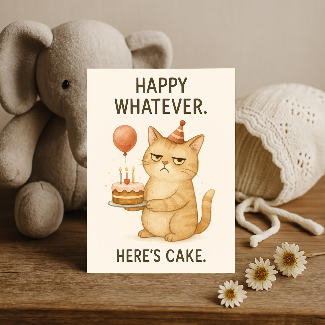Funny Sarcastic Cat Birthday Card for Him Her, Grumpy Kitty With Cake ...