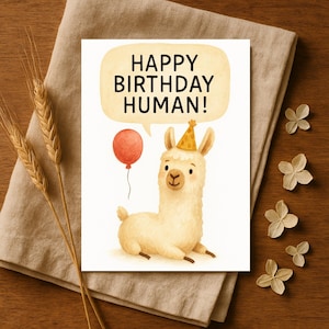 Funny Llama Birthday Card for Human, Cute Llama with Balloon and Hat, Animal Lover Greeting Card, Whimsical Birthday Humor
