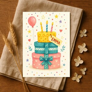 Custom Birthday Cake Card, Personalized Birthday Card, Name Birthday Card, Cute Cake Illustration Card, Happy Birthday Card for Her Him