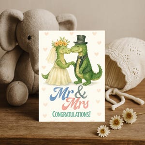 Dinosaur wedding card – Mr & Mrs dino couple greeting, Wedding greeting for newlyweds, Congrats gift for Newly Weds, Cute newlywed love card