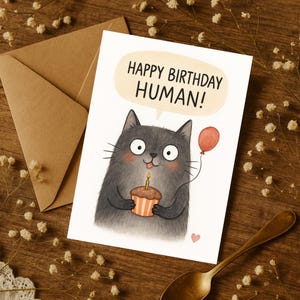 人間向けの面白い猫の誕生日カード、カップケーキを持ったかわいい黒猫、水彩画の動物グリーティングカード、気まぐれな猫好きのカード