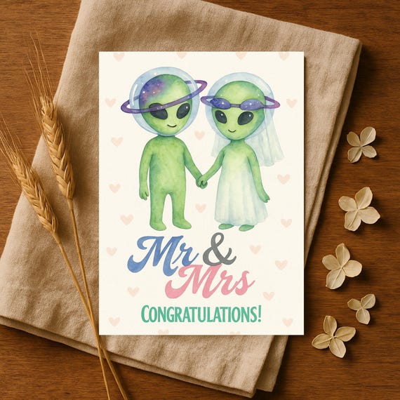 オーダーメイド 記念日カード ハンドメイド 記念日 結婚式 カップル カード 面白い宇宙人の結婚式カード - 宇宙人のカップルのミスター＆ミセス