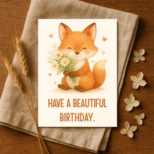 Tarjeta de cumpleaños de un zorro dulce para ella – Tarjeta de acuarela con animales – Adorable saludo de animales del bosque – Tarjeta de cumpleaños floral para niños y adultos