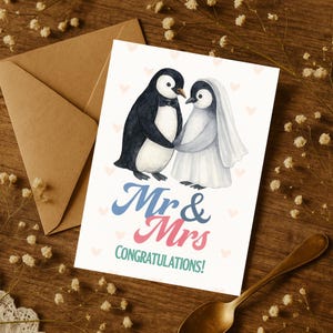 Penguin wedding card – Mr and Mrs congratulations card. Cute animal couple card. Wedding greeting for newlyweds. Congrats gift for marriage