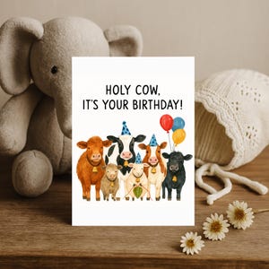 Funny Farm Animal Birthday Card, Holy Cow Birthday Card for Kids or Adults, Cute Cow Greeting Card, Country Birthday Card for Cow Lovers