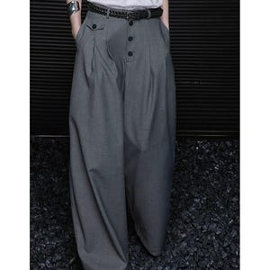 Wide Leg High Waist Grey Trousers | Oversized Wool-Blend Pleated Pants | S-XL | Designer Loose Fit Pants for Women | Street Style