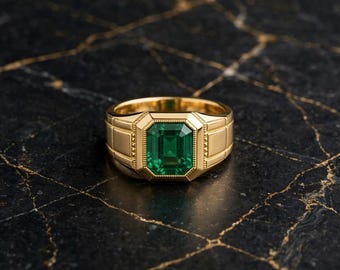 Bague chevalière pour homme en émeraude, argent sterling plaqué or, taille octogonale (cadeau pour lui)