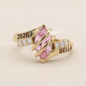 Customized Family Birthstone Ring For Her, Marquise Cut High School Class Ring, Handmade Graduation Ring, Bypass Ring In 925 Sterling Silver