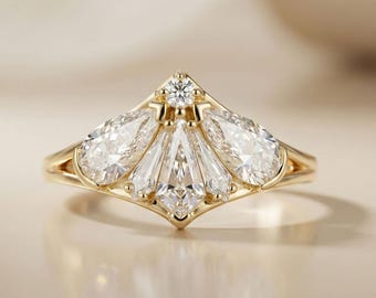 Pear & Shield Cut Colorless Moissanite Wedding Ring Set, Moth Ring, Unique Multi Shape Ring, Fancy Shape Engagement Ring, 14K Gold Ring Set