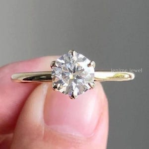 Round Cut Colorless Moissanite Ring, Tulip Setting Engagement Ring, Nature Inspired Wedding Ring, Solitaire Ring In 14K Solid Yellow Gold