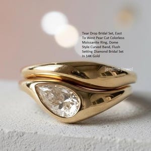 Tear Drop Bridal Set, East To West Pear Cut Colorless Moissanite Ring, Dome Style Curved Band, Flush Setting Diamond Bridal Set In 14K Gold