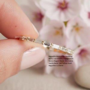 Baguette Moissanite Wedding Band, Full Eternity Engagement Band, Elegant Band, Minimalist Dainty Band, 14K Yellow Gold Baguette Cut Band