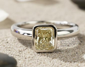 Canary Yellow Radiant Cut Engagement Ring, Bezel Set Wedding Ring, Customized Birthstone Solitaire Ring, 14K Solid White Gold Proposal Ring
