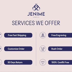 May include: A graphic with the text "JENIME JEWELS SERVICES WE OFFER" on a light pink background. The image lists services including free engraving, custom orders, and 30-day returns.
