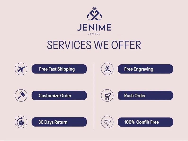 May include: A graphic with the text "JENIME JEWELS SERVICES WE OFFER" on a light pink background. The image lists services including free engraving, custom orders, and 30-day returns.