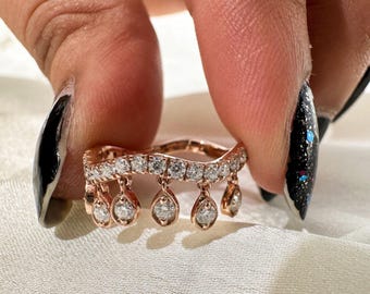 Hanging Band, Drop Dangle Wedding Band, Round Cut Colorless Moissanite Band, Dangling Charm Tassel Diamond Band, Floating Engagement Band
