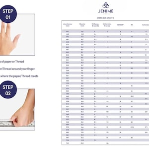 May include: Image showing instructions for measuring a finger for ring size. Step 1: Wrap paper or thread around the finger. Step 2: Measure the paper or thread. A ring size chart is also included.