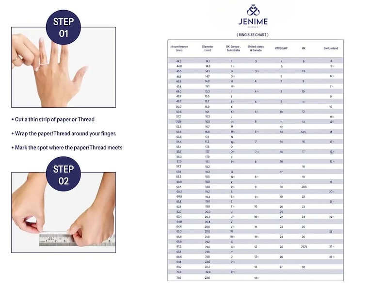May include: Image showing instructions for measuring a finger for ring size. Step 1: Wrap paper or thread around the finger. Step 2: Measure the paper or thread. A ring size chart is also included.