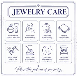 Może przedstawiać: Biała karta informacyjna z napisem JEWELRY CARE, ośmioma ciemnoniebieskimi ikonami liniowymi i instrukcjami tekstowymi. Zaleca unikanie perfum, balsam&oacute;w, krem&oacute;w z filtrem, potu, mycia, chemikali&oacute;w, ognia oraz spania w biżuterii i używanie miękkiej ściereczki.