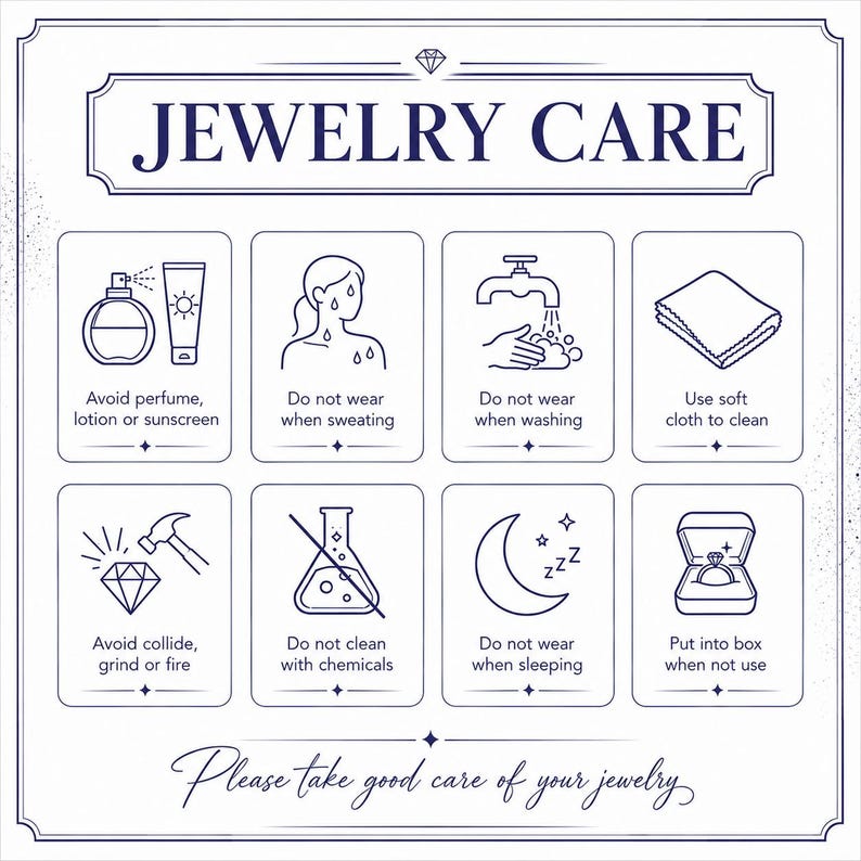 Może przedstawiać: Biała karta informacyjna z napisem JEWELRY CARE, ośmioma ciemnoniebieskimi ikonami liniowymi i instrukcjami tekstowymi. Zaleca unikanie perfum, balsam&oacute;w, krem&oacute;w z filtrem, potu, mycia, chemikali&oacute;w, ognia oraz spania w biżuterii i używanie miękkiej ściereczki.