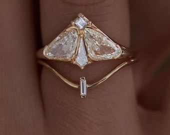 Kite & Baguette Cut Colorless Moissanite Wedding Ring Set, Moth Ring, Unique Multi Shape Ring, Fancy Shape Bridal Ring, 14K Gold Ring Set