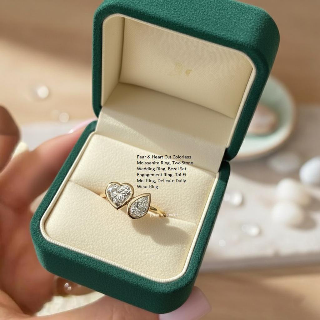 Pear & Heart Cut Colorless Moissanite Ring, Two Stone Wedding Ring ...