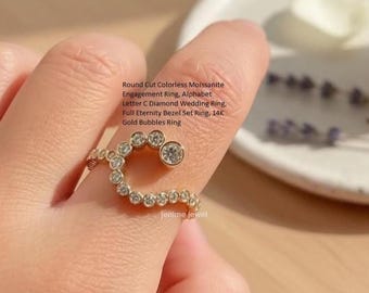 Alphabet Letter C Diamond Wedding Ring, Round Cut Colorless Moissanite Engagement Ring,  14K Gold Bubbles Ring, Full Eternity Bezel Set Ring