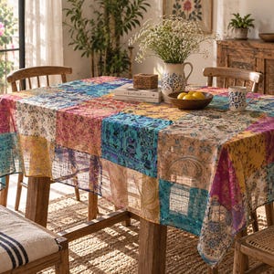 May include: A rectangular tablecloth featuring a vibrant patchwork design with various floral and geometric patterns in shades of blue, pink, yellow, and orange. The fabric has a visible weave texture and drapes over a wooden dining table.