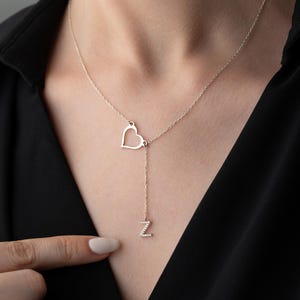 Personalized Initial Heart Lariat Necklace: 925 Sterling Silver Y Drop