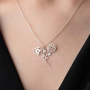 Sterling Silver Family Birth Flower Necklace: Personalized Mother&#39;s Jewelry