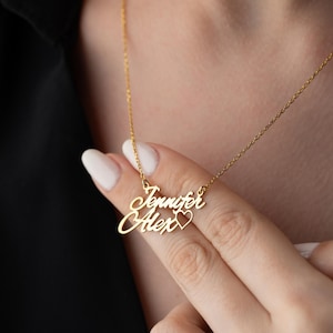 Sterling Silver Personalized Double Name Necklace Custom Couple Name Necklace with Heart Name and Heart Necklace for Mom Best Friend Gift