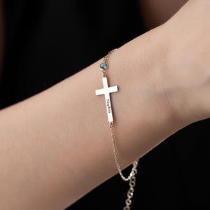 Silver Cross Bracelet with Birthstone Name Cross Bracelet Christian Jewelry Baptism Gift Girl First Communion Gifts Sideways Cross Bracelet