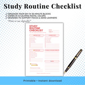 Lista de verificación de rutina de estudio para estudiantes / Registro diario de hábitos de estudio / Planificador de estudio antes, durante y después / PDF imprimible / Tamaño carta A4 A5
