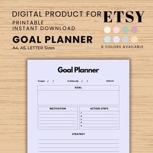 Planificador de objetivos imprimible / Tamaño carta A4/A5 / 8 colores / PDF + PNG / Hoja de trabajo para establecer objetivos / Seguimiento de motivación y progreso / Descarga instantánea
