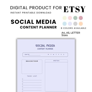 Planificador de contenido para redes sociales / 8 colores / Tamaño carta (A4/A5) / PDF imprimible + PNG / Descarga instantánea
