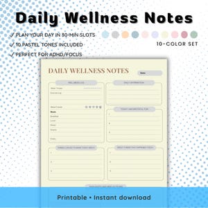 Notas diarias de bienestar - Planificador de autocuidado y gratitud / Tamaño A4, A5, Carta (EE. UU.) / PDF y PNG (10 colores)