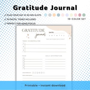Diario de gratitud - Página de reflexión y afirmación diaria / Beige estético (PDF, PNG) / Tamaño A4, A5, Carta (10 colores)