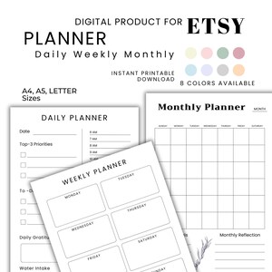 Planificador imprimible diario, semanal y mensual / 8 colores / Tamaño carta A4 A5 / PDF + PNG / Descarga instantánea