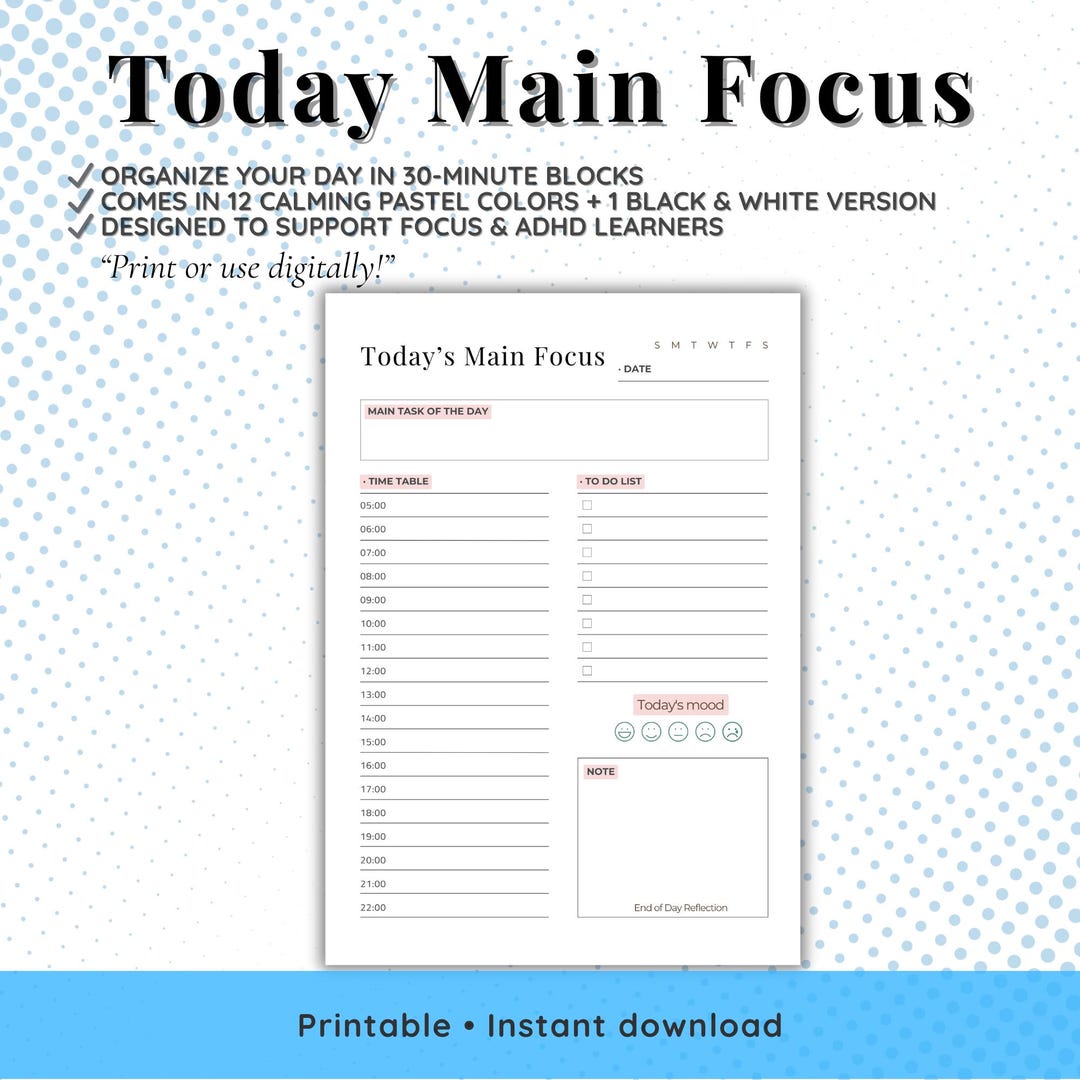 Daily Focus Lettering Today’s Main Focus Planner – Printable Daily Focus Template | 12 Color ...