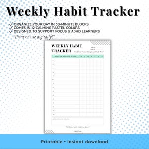 Diário de Hábitos Semanais – Rastreador de Hábitos Positivos para Imprimir – 12 Cores – A4 A5 Carta EUA