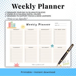 Planificador semanal imprimible: Horario estudiantil bonito y pastel, 12 colores, tamaño A4, A5, carta (EE. UU.) y PDF + PNG.
