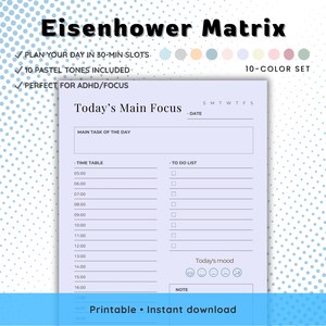 Planificador de prioridades de la Matriz Eisenhower: Organizador de tareas urgentes e importantes / Conjunto de 10 colores / Tamaño A4 / A5 / PDF + PNG
