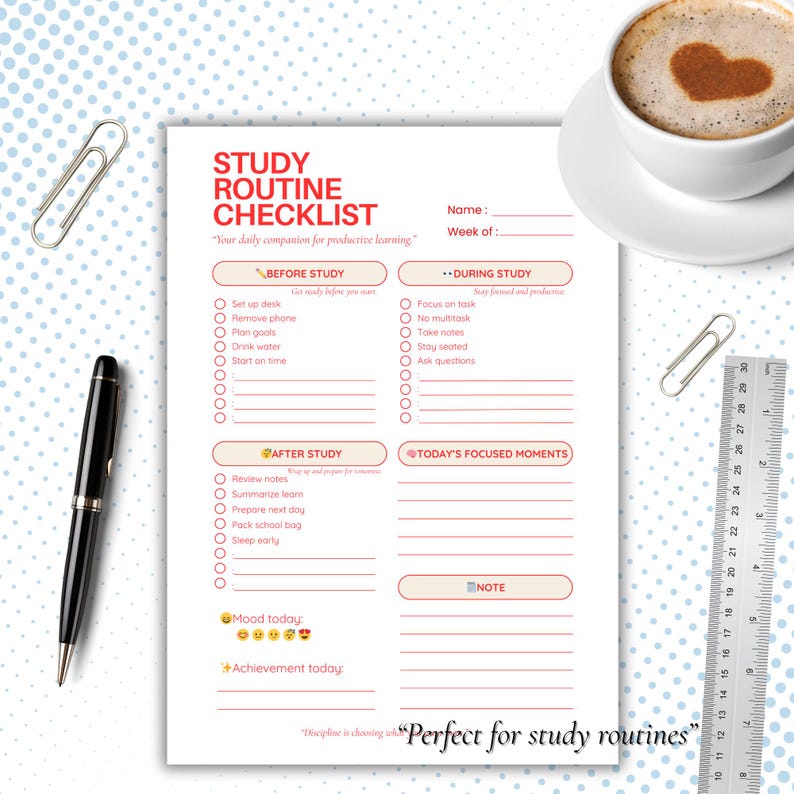 Study Routine Printables Study Routine Checklist for Students | Daily Study Habits Tracker ...