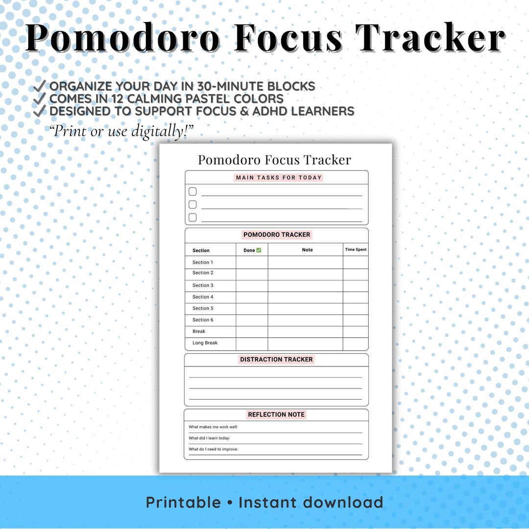 Pomodoro Focus Tracker – Printable Productivity Planner | 12 Pastel ...
