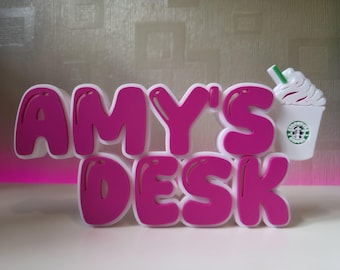 Coffee Cup Custom Name Sign 3D Printed Personalised Desk Plaque | Barista Style Name Plate Coffee Lover Gift Office Desk Decor Teacher Gift