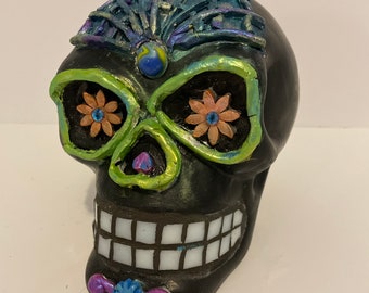 Mosaic Glass Teeth Sugar Skull, Pearlized Paint, Black Ceramic