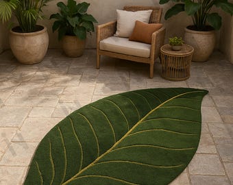 Hand Tufted Wool Leaf Rug, Botanical Burnt Orange Decor, Modern Nature Carpet
