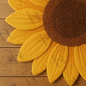 IN-108 Hand Tufted Sunflower Woolen Carpet for Floor Decor, Cozy Home,Bedroom, Courtyard, Living Room, Kids, Cabin, Bedroom, Reading Nook.
A vibrant sunflower-shaped wool rug handcrafted in rich yellow and brown tones, featuring realistic petal textures and a plush wool surface. Displayed in a bright minimalist room with indoor plants, natural sunlight, and a wooden bench, this handmade rug adds a cheerful botanical touch and cozy warmth to any modern living space.