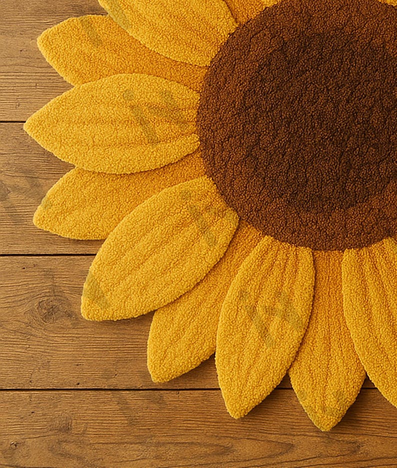 IN-108 Hand Tufted Sunflower Woolen Carpet for Floor Decor, Cozy Home,Bedroom, Courtyard, Living Room, Kids, Cabin, Bedroom, Reading Nook.
A vibrant sunflower-shaped wool rug handcrafted in rich yellow and brown tones, featuring realistic petal textures and a plush wool surface. Displayed in a bright minimalist room with indoor plants, natural sunlight, and a wooden bench, this handmade rug adds a cheerful botanical touch and cozy warmth to any modern living space.