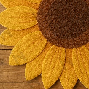 IN-108 Hand Tufted Sunflower Woolen Carpet for Floor Decor, Cozy Home,Bedroom, Courtyard, Living Room, Kids, Cabin, Bedroom, Reading Nook.
A vibrant sunflower-shaped wool rug handcrafted in rich yellow and brown tones, featuring realistic petal textures and a plush wool surface. Displayed in a bright minimalist room with indoor plants, natural sunlight, and a wooden bench, this handmade rug adds a cheerful botanical touch and cozy warmth to any modern living space.